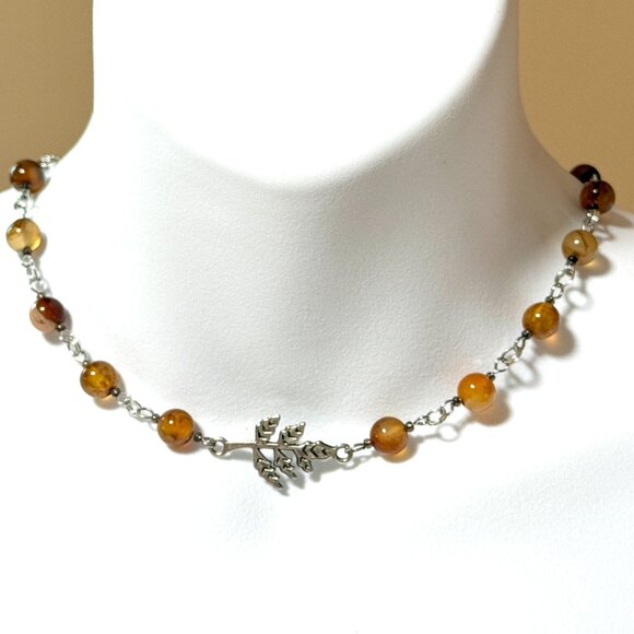 Genuine Earthy Carnelian Agate Short Necklace, Gemstone & Leaf Branch Pendant - Picture 2 of 15
